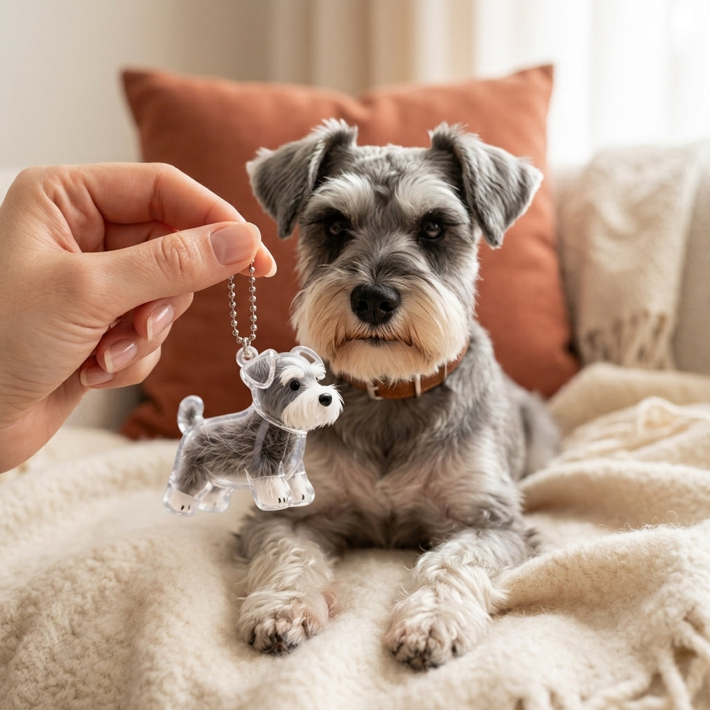 Dog keepsake charm held beside a matching dog