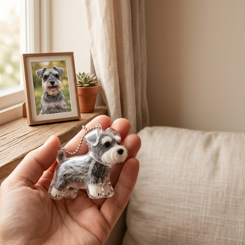 A dog keepsake charm held beside a beloved dog's photo