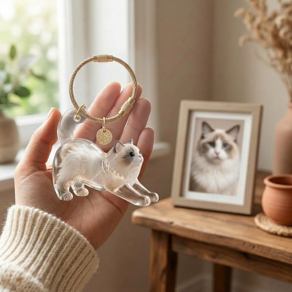A cat keepsake charm held beside a beloved cat's photo